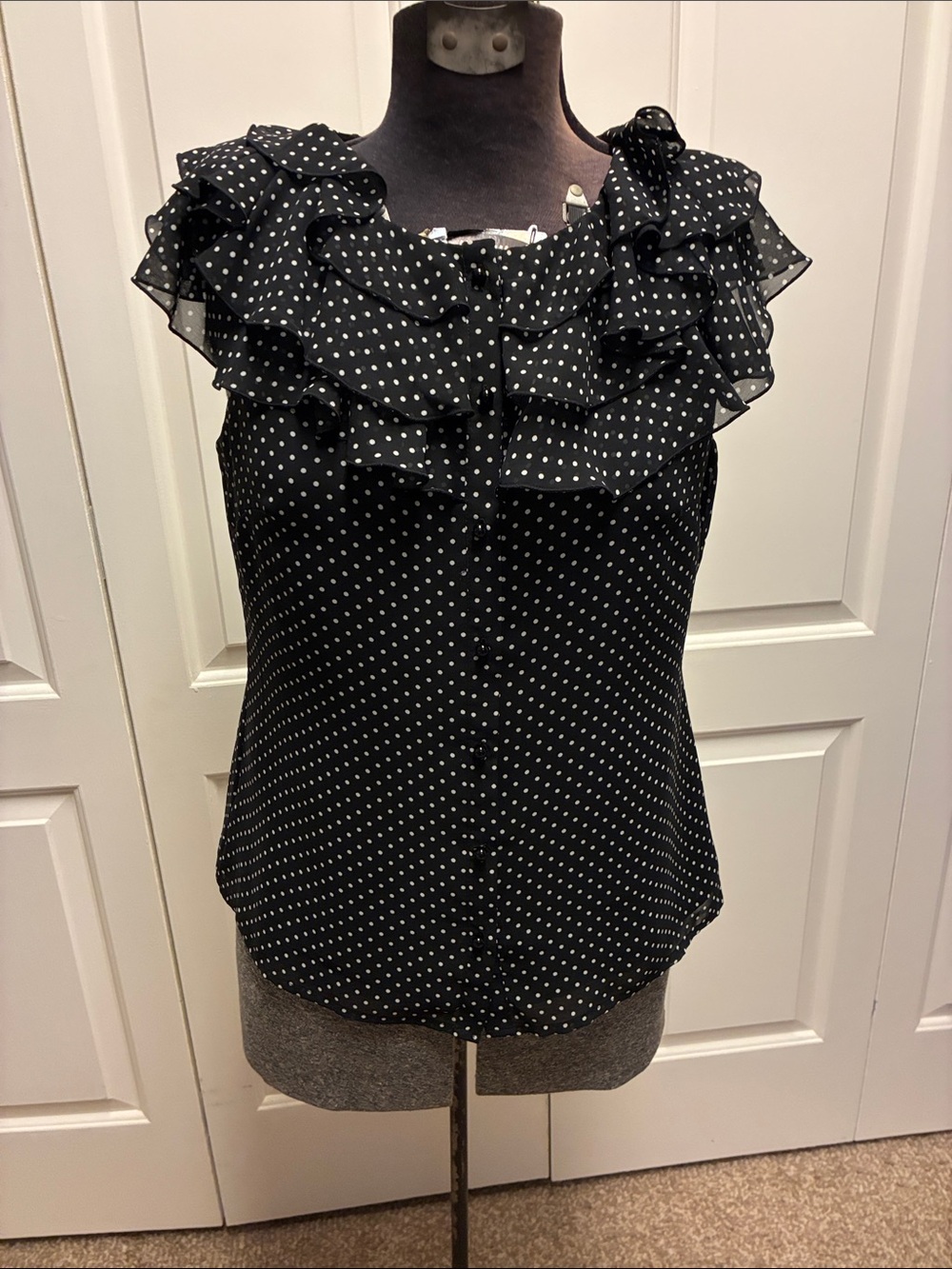 Ann Taylor Black and White Polka Dot Ruffle Sleeveless Blouse